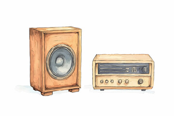Fototapeta premium Vintage wooden speaker and classic radio in a minimalist design, perfect for music lovers and retro enthusiasts, isolated on white background