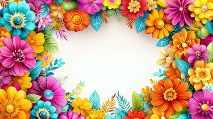 Fototapeta premium Vibrant Floral Frame with Colorful Flowers and Green Leaves for Cheerful Background or Decoration Use