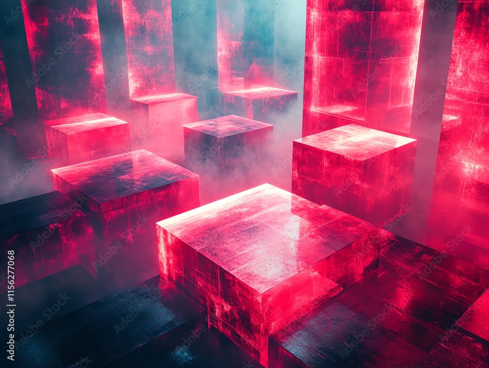 Poster a futuristic scene featuring glowing cubes in a misty environment.