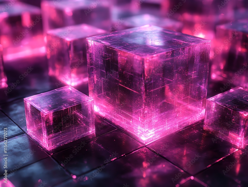 Poster Abstract image of glowing pink cubes on a dark surface, creating a futuristic aesthetic.
