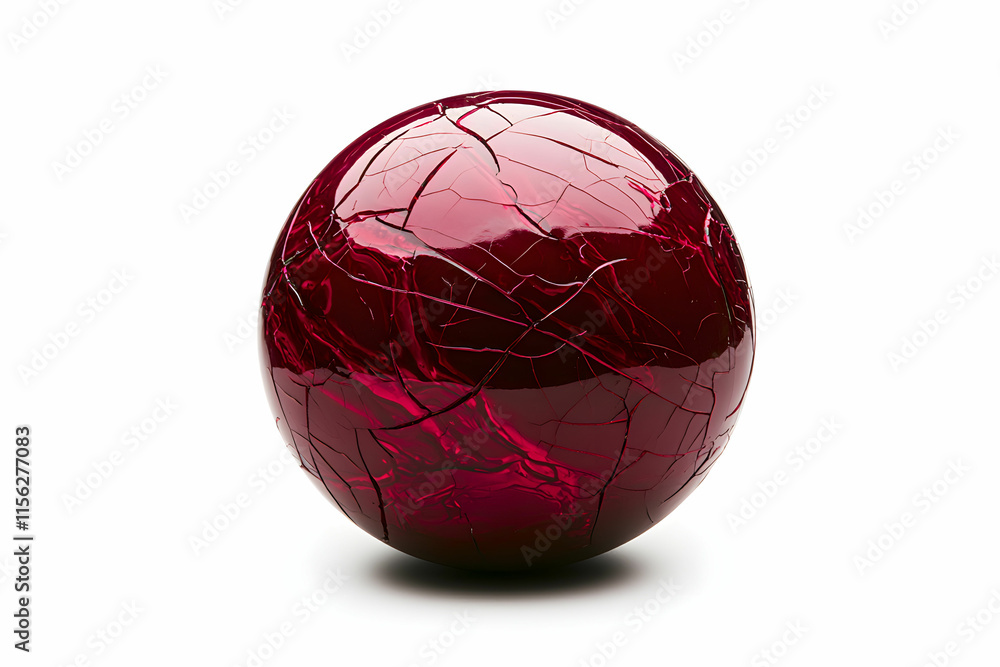 Poster Shiny Red Sphere with Intricate Cracked Texture on a White Background for Abstract Art or Design Projects