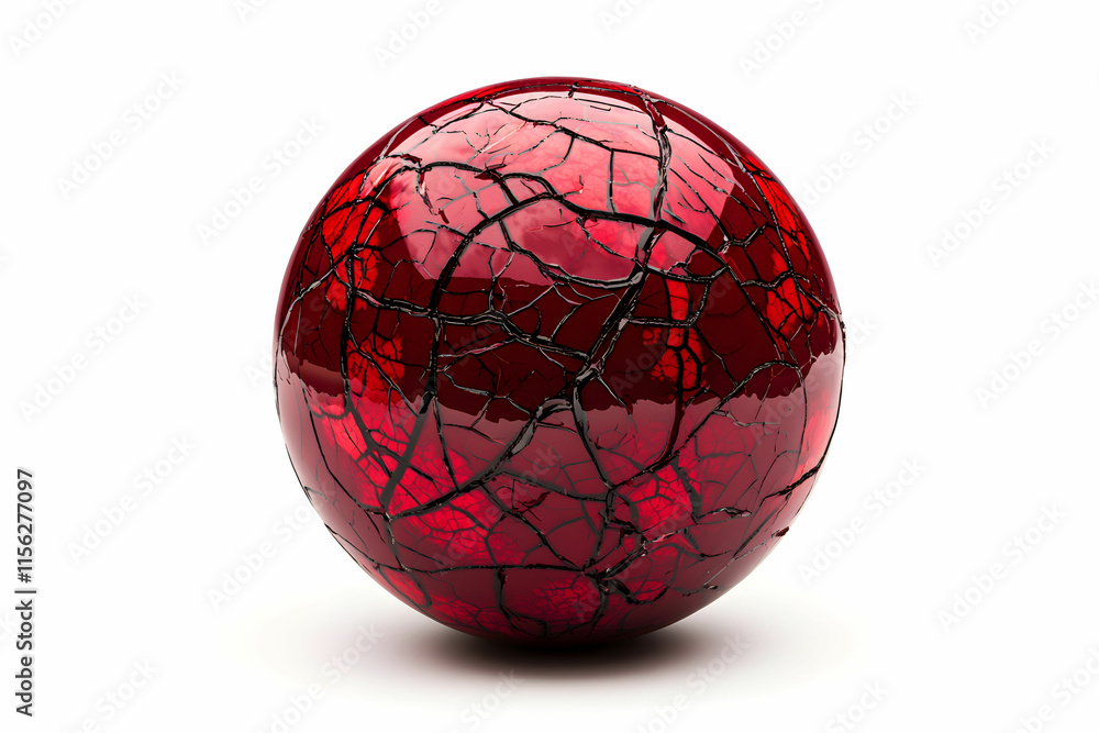 Poster shiny red sphere with intricate cracked surface texture on a white background