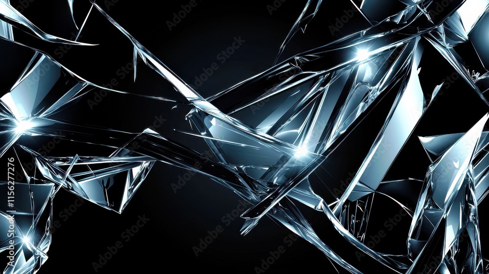 Poster shattered glass fragments with sharp edges and reflective surfaces against a dark background for abs