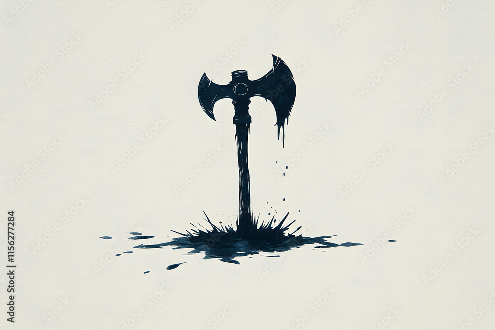 Poster black axe embedded in dark ink splash on light background, representing power and boldness in artist
