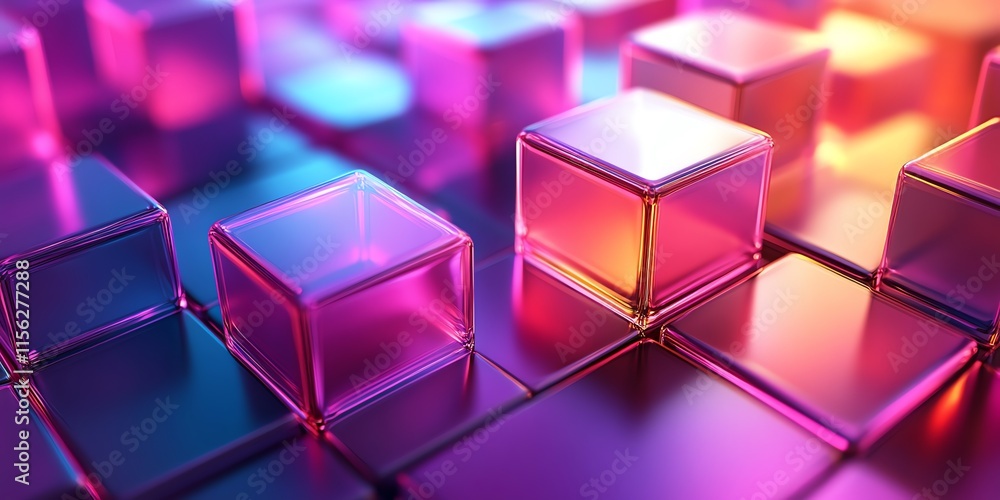 Poster A vibrant arrangement of translucent cubes reflecting light in various colors.