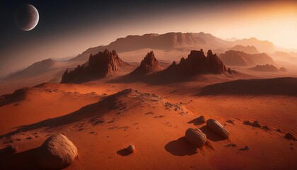 Mars like desert landscape with dramatic mountains and warm tones under a twilight sky with visible planet