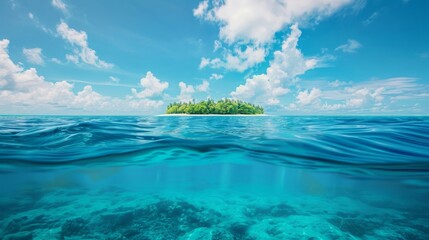 Beautiful underwater view of lone small island above and below the water surface in turquoise waters of tropical ocean.