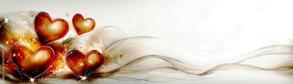Poster abstract design featuring elegant shimmering hearts with soft flowing lines and a warm color palette