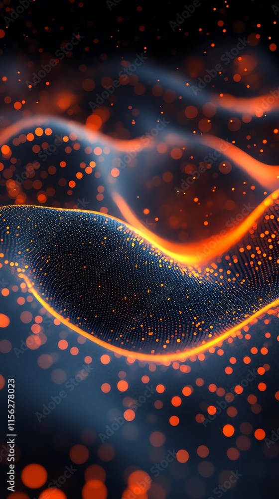 Poster Abstract waves with glowing particles in a dark setting, evoking a sense of motion and energy.