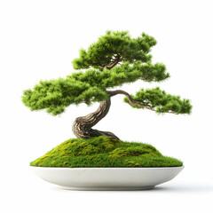 Beautiful bonsai tree with lush greenery on mossy base in white ceramic pot isolated on white background