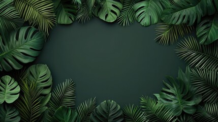 Tropical frame concept. Vibrant collection of tropical leaves framing a dark background, perfect for design.