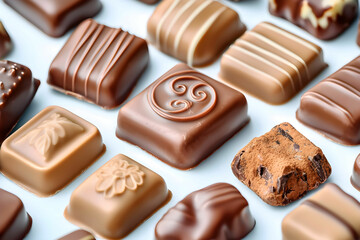 Assorted Gourmet Chocolate Treats with Unique Shapes and Designs on a Light Background
