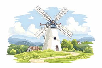 Scenic Windmill in a Beautiful Countryside Landscape with Mountains and Clouds