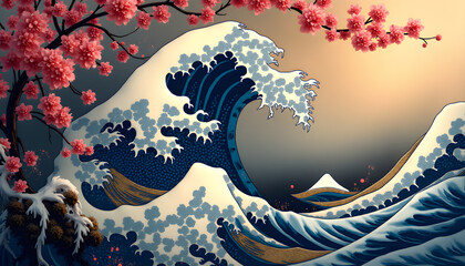 Elegant Waves and Blossoms in Gold and Blue Tones