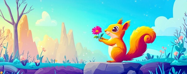 Obraz premium Cheerful cartoon squirrel holding a flower in vibrant landscape with mountains, trees, grass, and colorful flora under a bright sunny sky