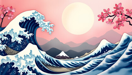 Geometric Japanese Waves with Watercolor Cherry Blossoms
