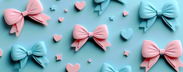 Fototapeta premium Colorful pastel bows and hearts in a stylish arrangement on a soft blue background, perfect for decorations, design, and creative projects