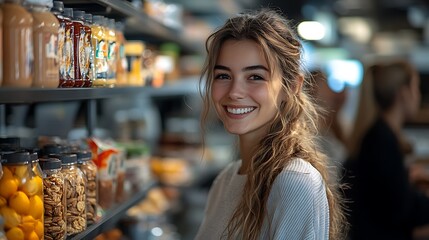 Young Woman Smiling in a Grocery Store Aisle