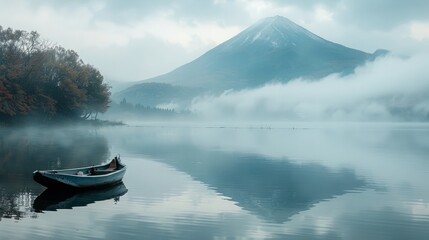 Boat with Fuji Moutnain bacgkround in Morning Mist Autumn,