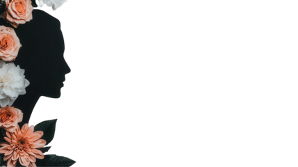 Elegant silhouette of a woman with flowers transparent background artistic portrait floral design side view soft aesthetic