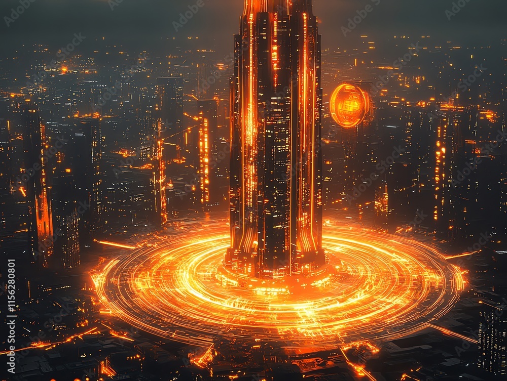 Aufkleber a futuristic cityscape featuring a glowing tower and circular energy patterns.