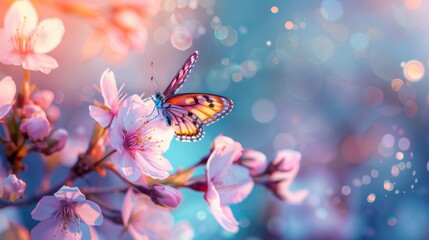 Branch of flowering cherry tree with butterfly on blue and pink spring light background. Spring Banner with copy space.