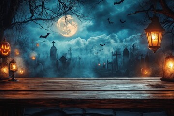 Wooden table with empty space for product display, set against a Halloween night cemetery scene with moonlight, fog, bats, glowing lanterns, and tombstones under an eerie sky.