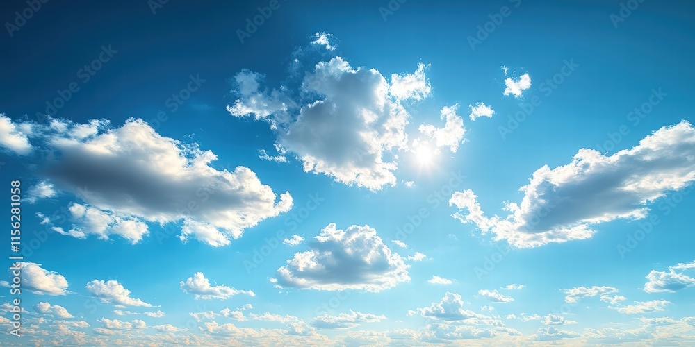 Poster bright blue sky with fluffy clouds illuminated by sunlight, ideal for background use in various crea