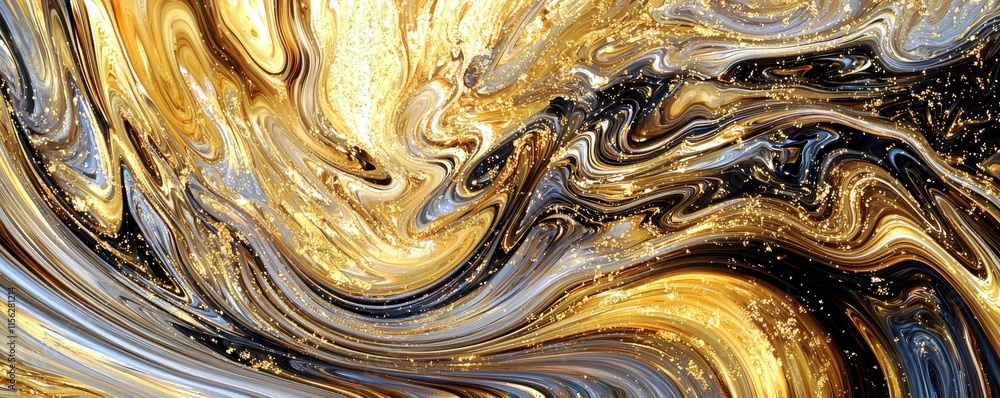 Poster elegant abstract swirl pattern with gold, white, and black hues creating a luxurious and dynamic bac