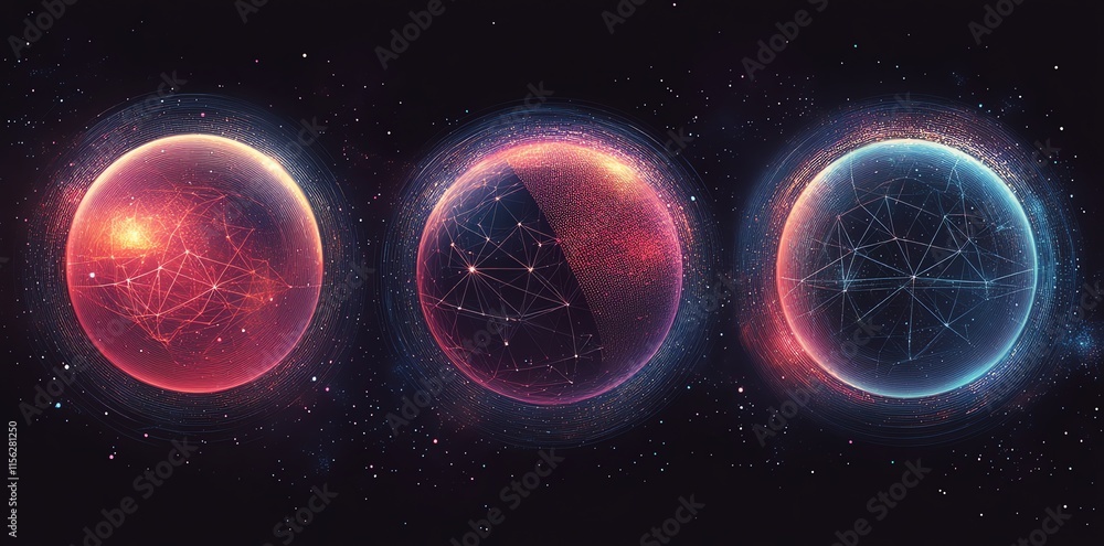 Aufkleber Abstract representation of three interconnected spheres in a cosmic setting.
