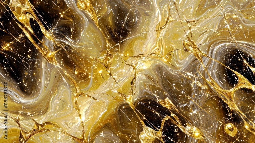 Poster abstract golden fluid art background with dynamic swirls, shimmering lights, and a mesmerizing blend