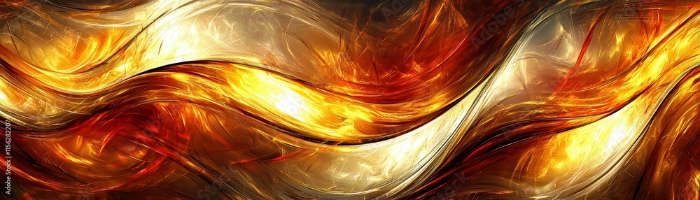 Poster abstract flowing waves in shades of gold and orange with intricate patterns and glowing light effect