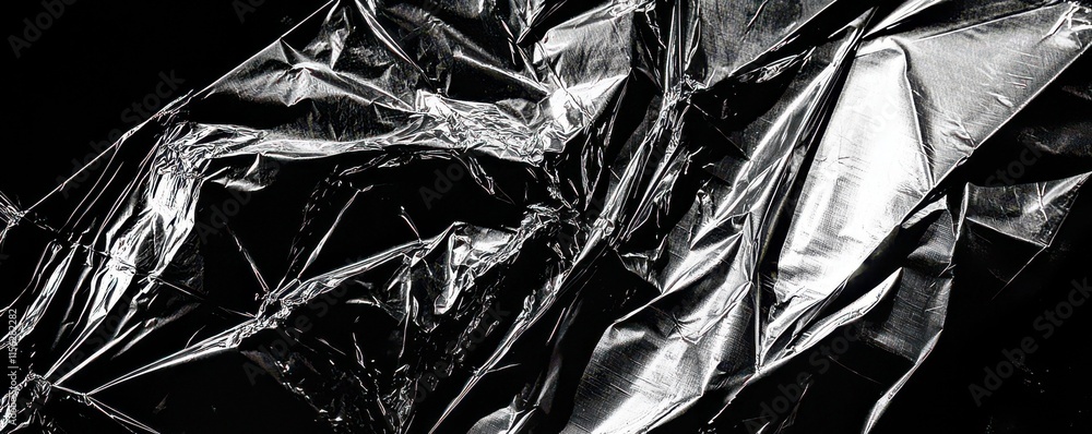 Poster textured metallic surface with shiny crumpled foil creating interesting patterns and reflections aga
