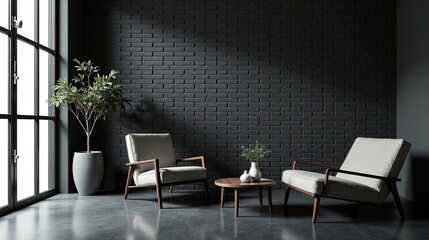 Modern Minimalist Lounge Area with Dark Brick Wall and Natural Light