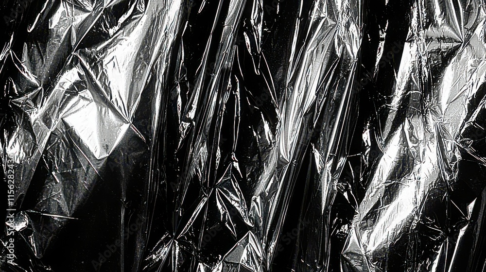 Aufkleber shimmering black plastic wrapping with crinkled texture illuminated by light for abstract background