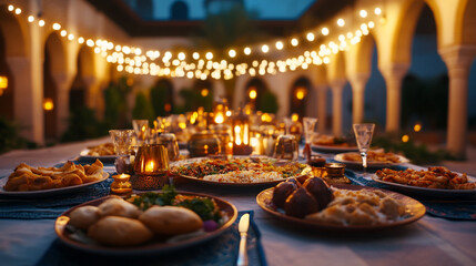 Obraz premium Festive outdoor dining arrangement with string lights and delicious dishes at night. 