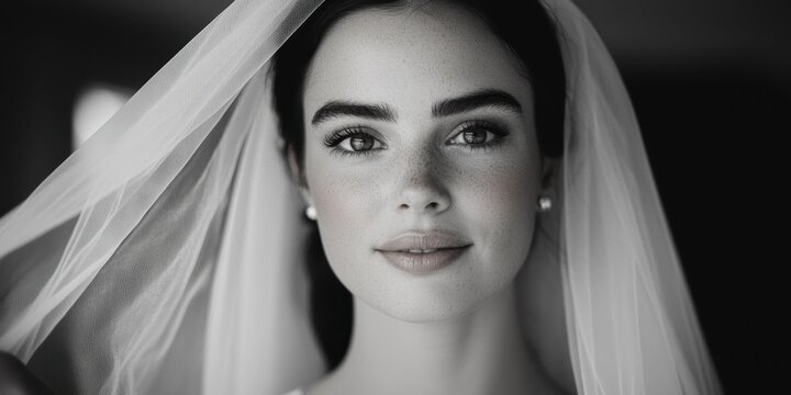 A serene portrait of a bride, showcasing elegance with a veil and natural beauty, captured in soft monochrome tones. - Powered by Adobe