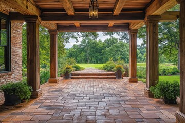 Obraz premium Beautiful Front Porch with Rustic Wood Beams and Brick Floor in a Modern Farmhouse-Style Home in Mississippi
