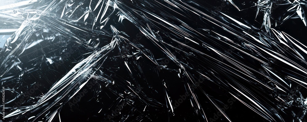 Poster abstract background of crumpled transparent plastic sheet with shiny reflections and dark shadows fo