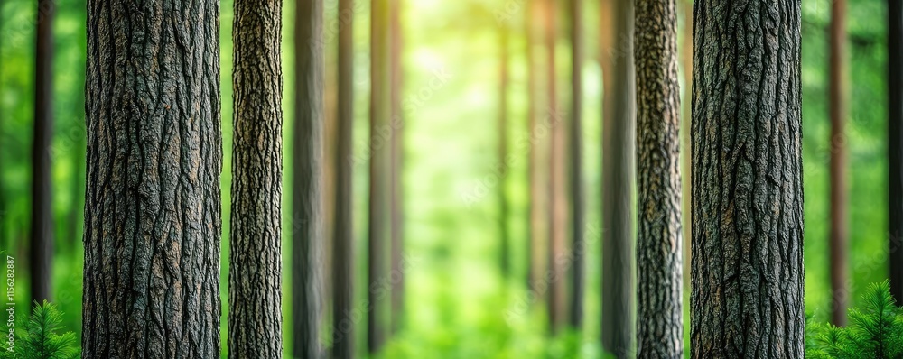 Poster green tree idea. sunlight filters through trees in a serene forest, creating a peaceful, calming atm
