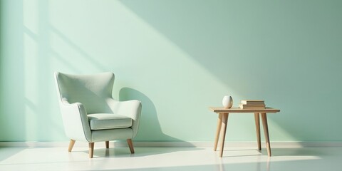 Serene pastel green room with a light teal armchair and a small wooden side table featuring a vase and books, bathed in sunlight