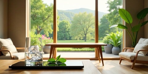 Obraz premium Serene living room ambiance featuring a glass of ice, a minimalist tablet, and lush greenery visible through expansive windows, creating a tranquil and inviting atmosphere
