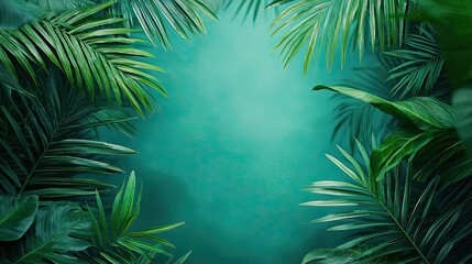Obraz premium Tropical frame concept. Lush green tropical leaves framing a serene, vibrant background for relaxation.