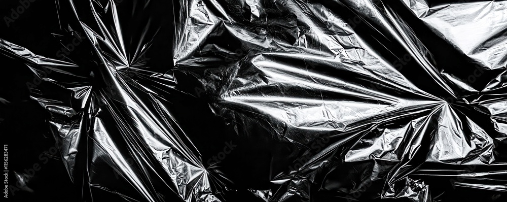 Poster reflective black plastic texture with dynamic folds and creases creating an abstract background imag