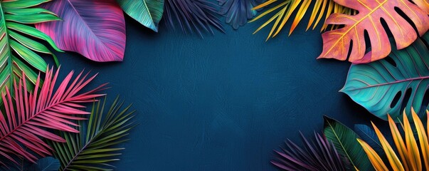 Naklejka premium Tropical frame concept. Vibrant tropical leaves in various colors framing a serene blue background.