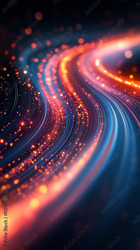 Poster A vibrant abstract design featuring flowing lines and glowing particles in a dark background.