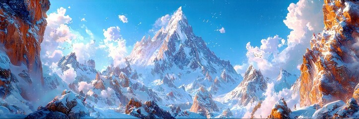 Obraz premium Majestic Snow-Capped Mountain Range Under Bright Blue Sky Surrounded by Dramatic Cloudscape and Vibrant Colors of Nature's Beauty