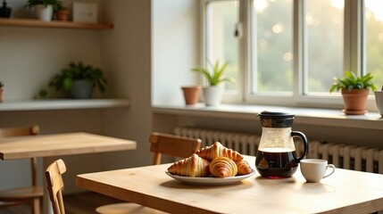 Warm morning light illuminates a table setting featuring a selection of freshly baked croissants and a carafe of brewed coffee, creating a peaceful and inviting atmosphere for a leisurely breakfast.