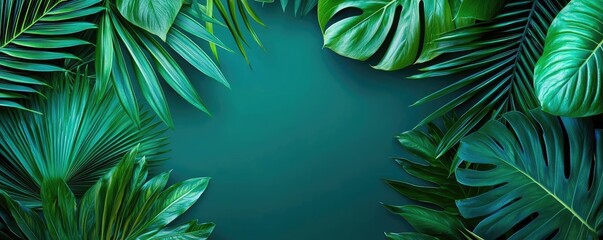 Tropical frame concept. Vibrant green tropical leaves framing a soothing turquoise background.