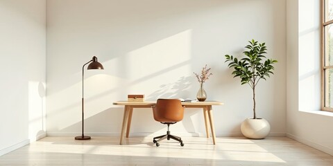 Serene Minimalist Home Office Workspace with Natural Light and Simple Decor